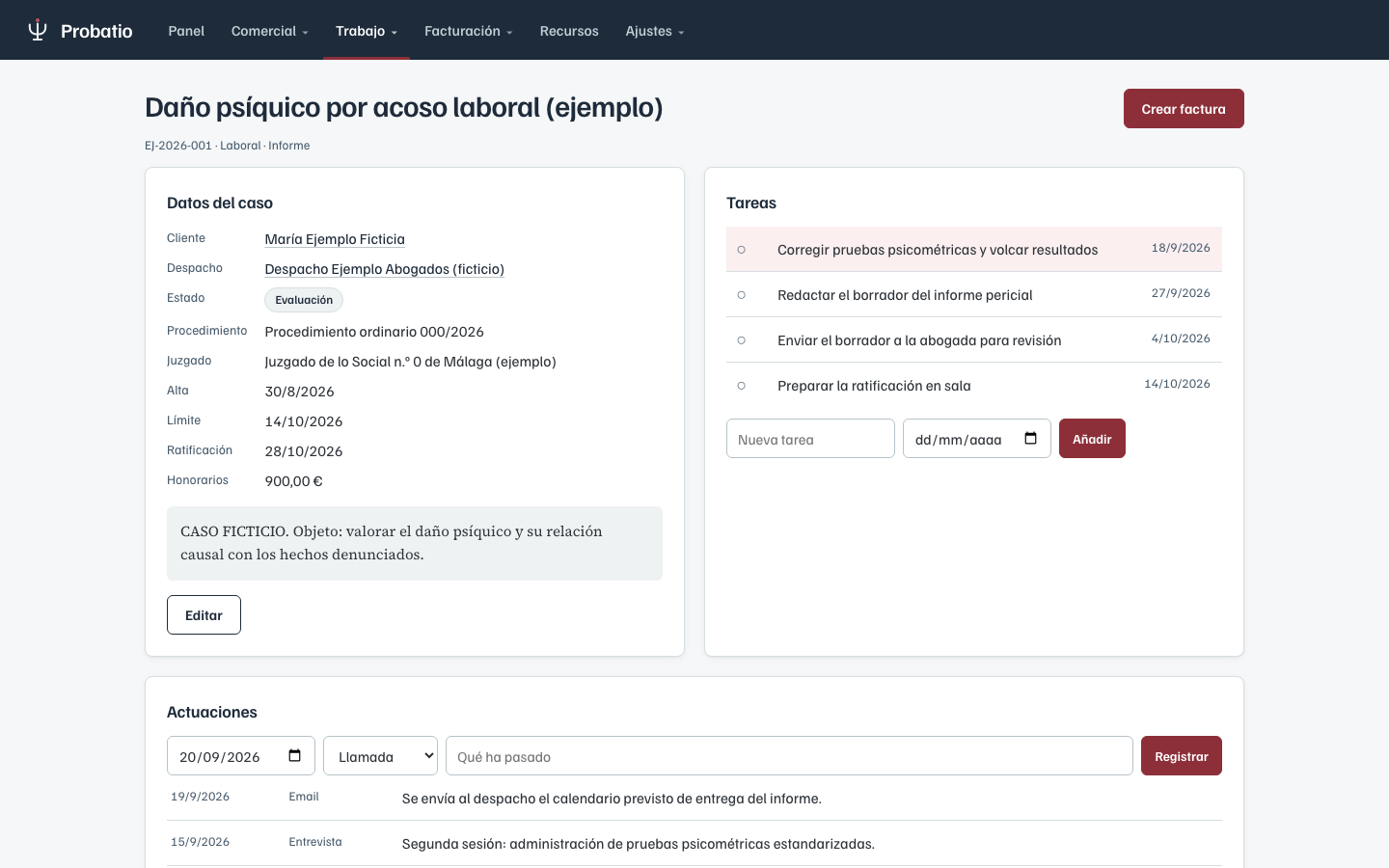 Ficha de un caso pericial con datos del expediente, tareas y actuaciones