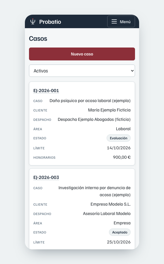 Listado de casos de Probatio en formato móvil