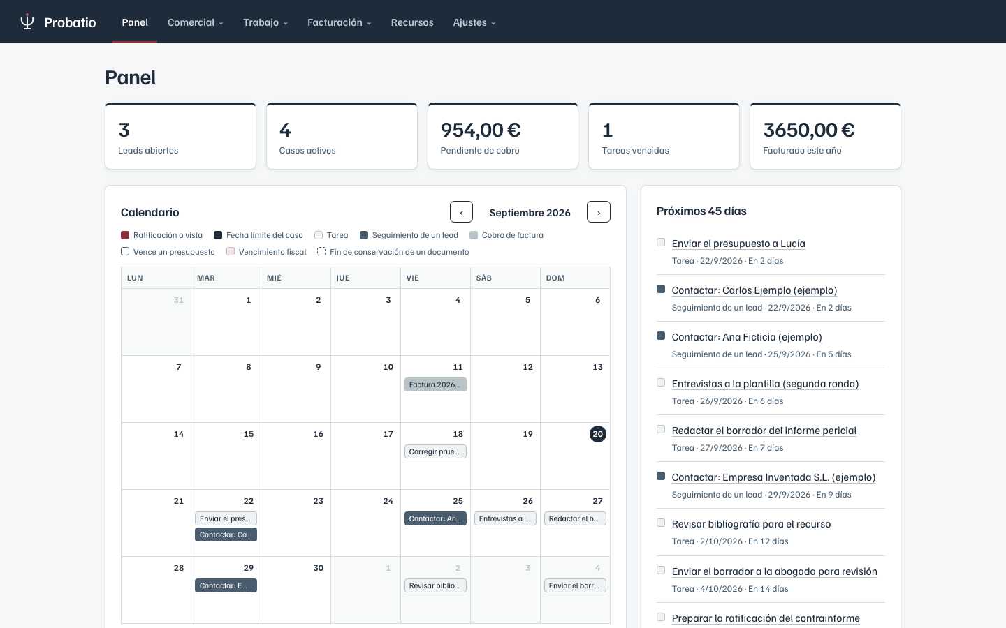 Panel de Probatio con calendario, próximos plazos y resumen de casos, tareas y cobros